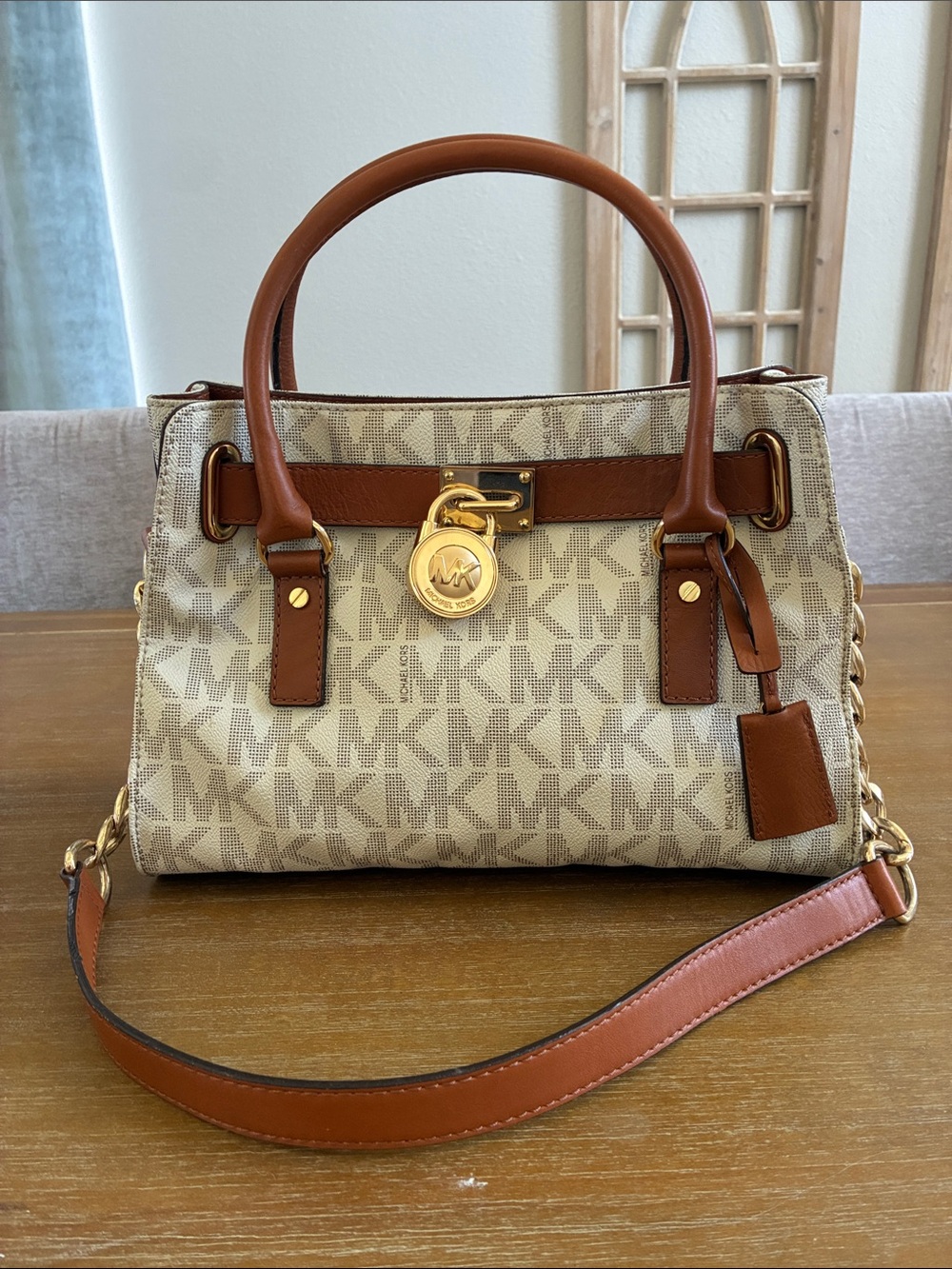 Michael Kors Beige Canvas MK Logo Satchel with Brown Leather Trim